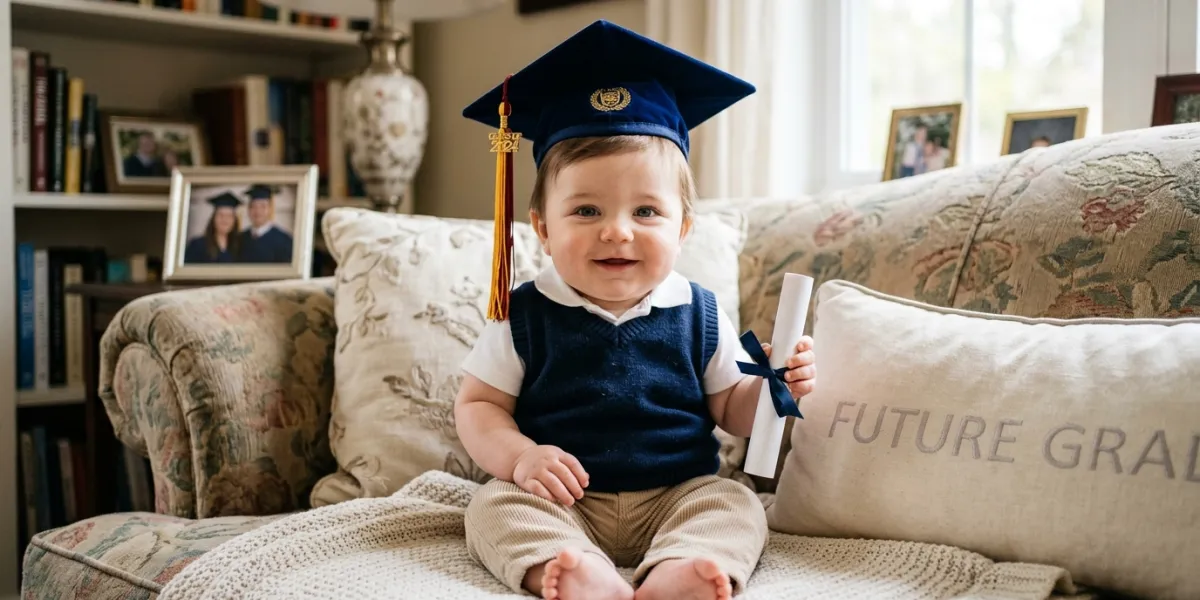 un bébé représenté avec un chapeau de diplomé d'université