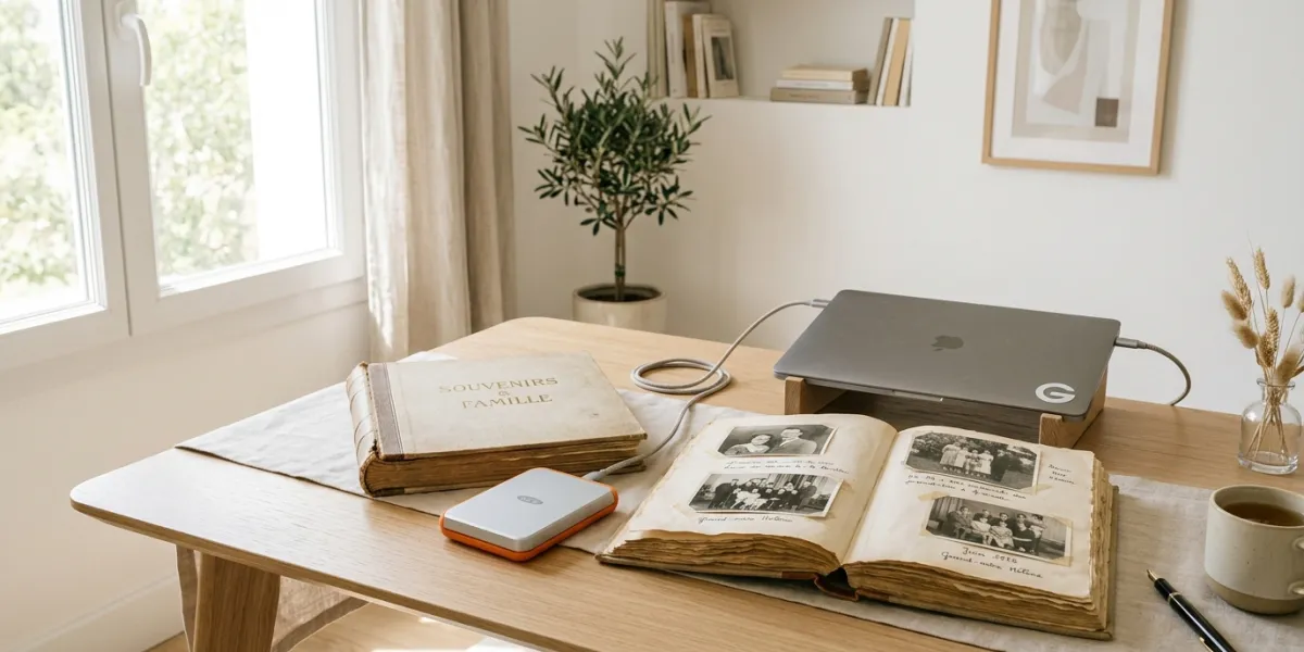 Un bureau minimaliste et moderne inondé de lumière, présentant un disque dur externe au design épuré