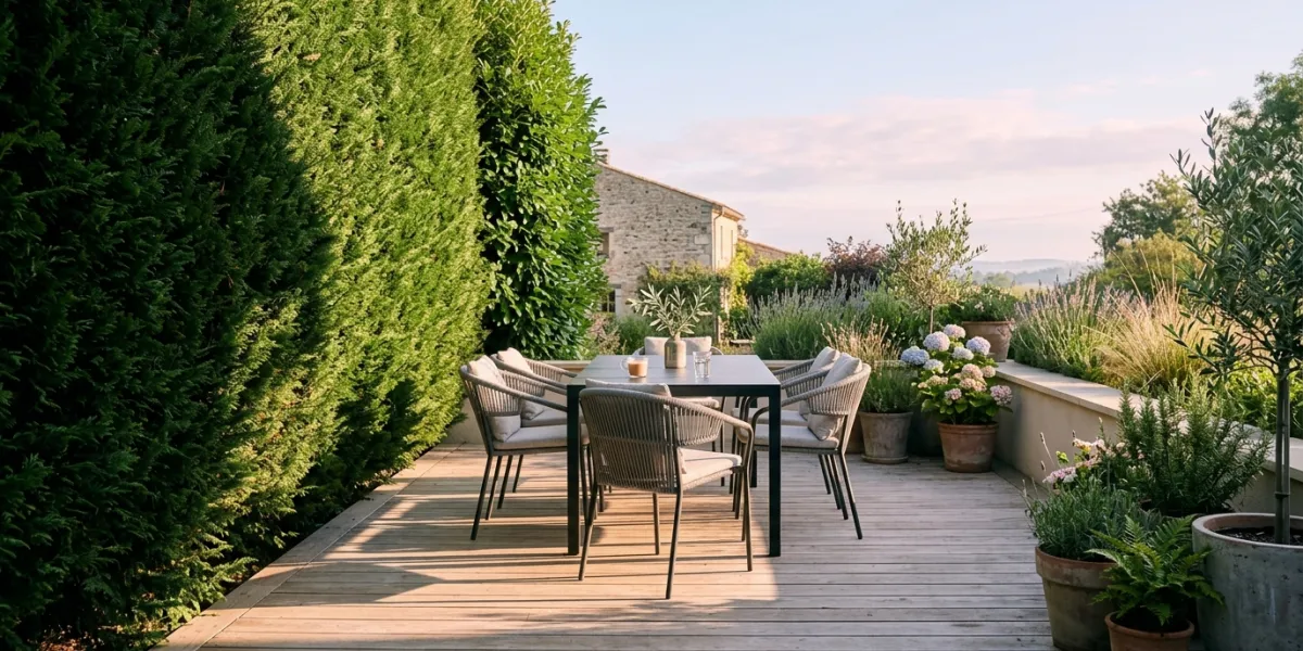 Une terrasse contemporaine en bois clair baignée d'une douce lumière matinale aux tons pastel, où l'