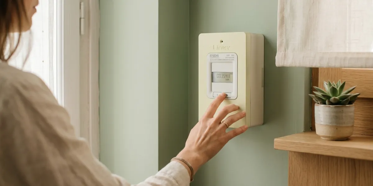 Une main appuyant délicatement sur les touches d'un compteur électrique Linky, style épuré, éclairag