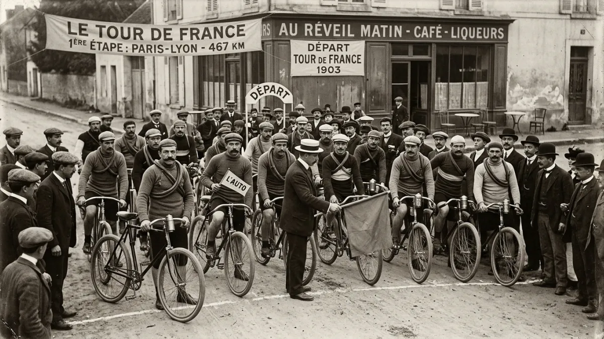 A vintage black and white photograph of cyclists with mustaches and heavy steel bicycles at the star