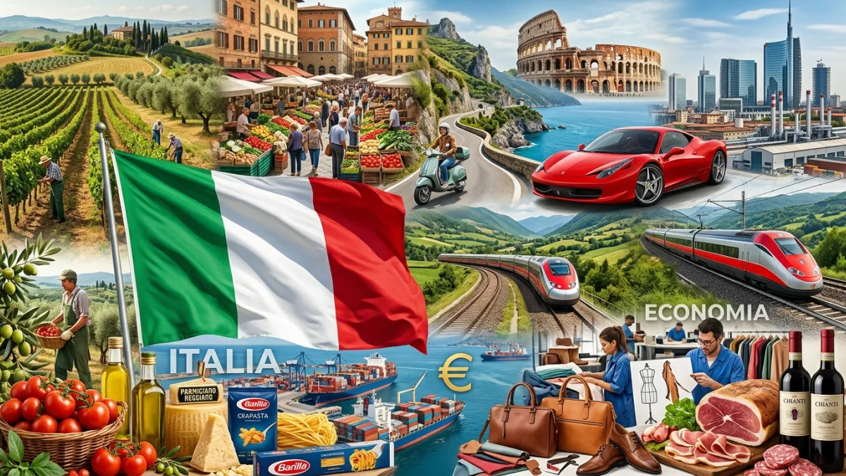 photo montage réaliste représentant l'économie italienne avec des produits typiques d'Italie et un d