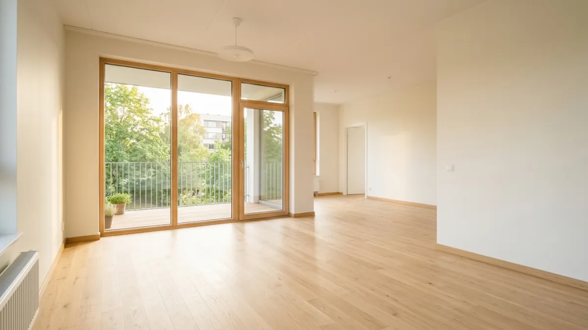 Intérieur d'un appartement vide et lumineux, parquets en bois blond, murs blanc cassé, grandes baies