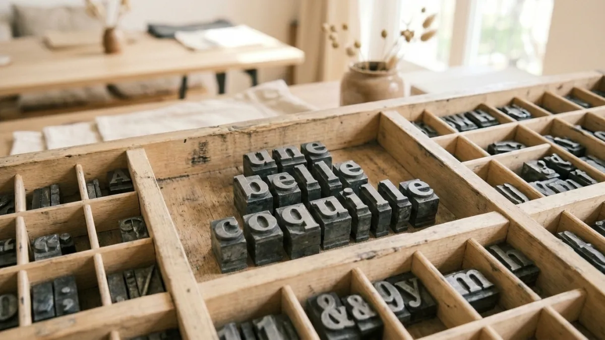 Photographie macro d'un tiroir de typographe avec des lettres en plomb, ambiance lumineuse et contem