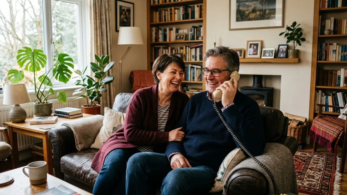 un couple de 50 ans dans le salon de leur maison, le mari répond au téléphone et les deux rient