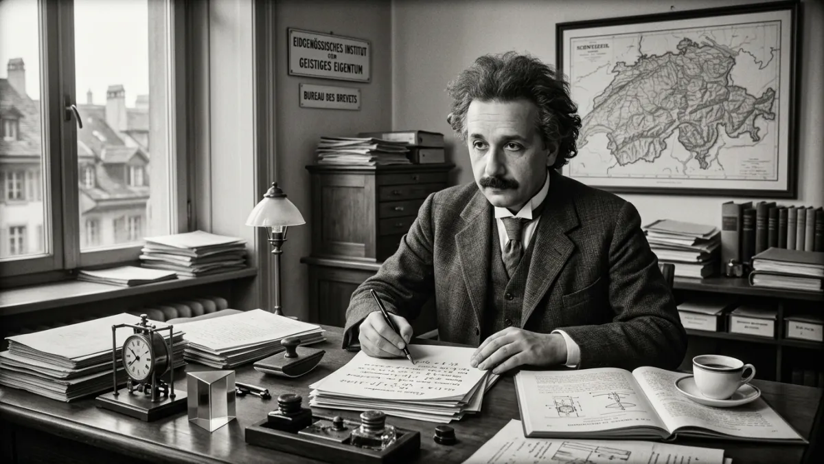 Un portrait en noir et blanc d'un jeune Albert Einstein assis à son bureau du bureau des brevets en 