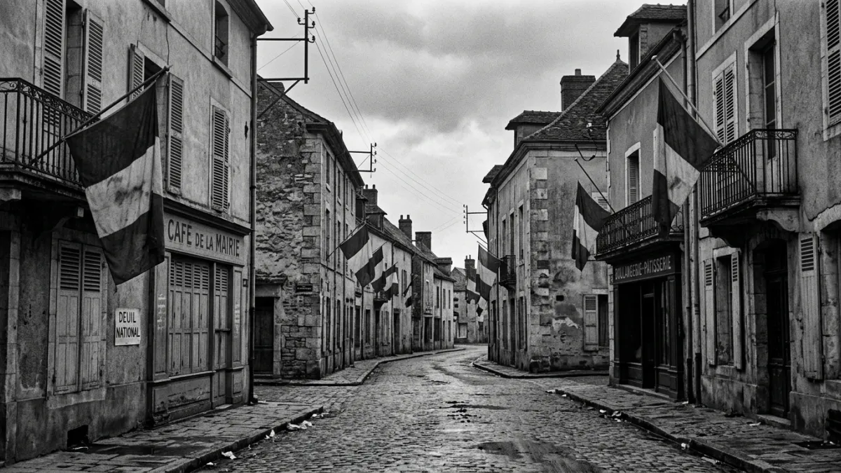 Une photographie historique en noir et blanc d'une rue française déserte et mélancolique en juin 194