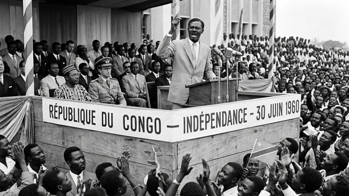 Photographie historique en noir et blanc de Patrice Lumumba prononçant son discours à la tribune lor