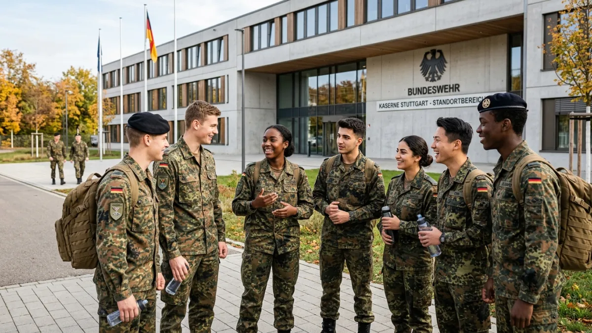 Un groupe de jeunes recrues issues de la diversité, vêtues d'uniformes de service légers et modernes