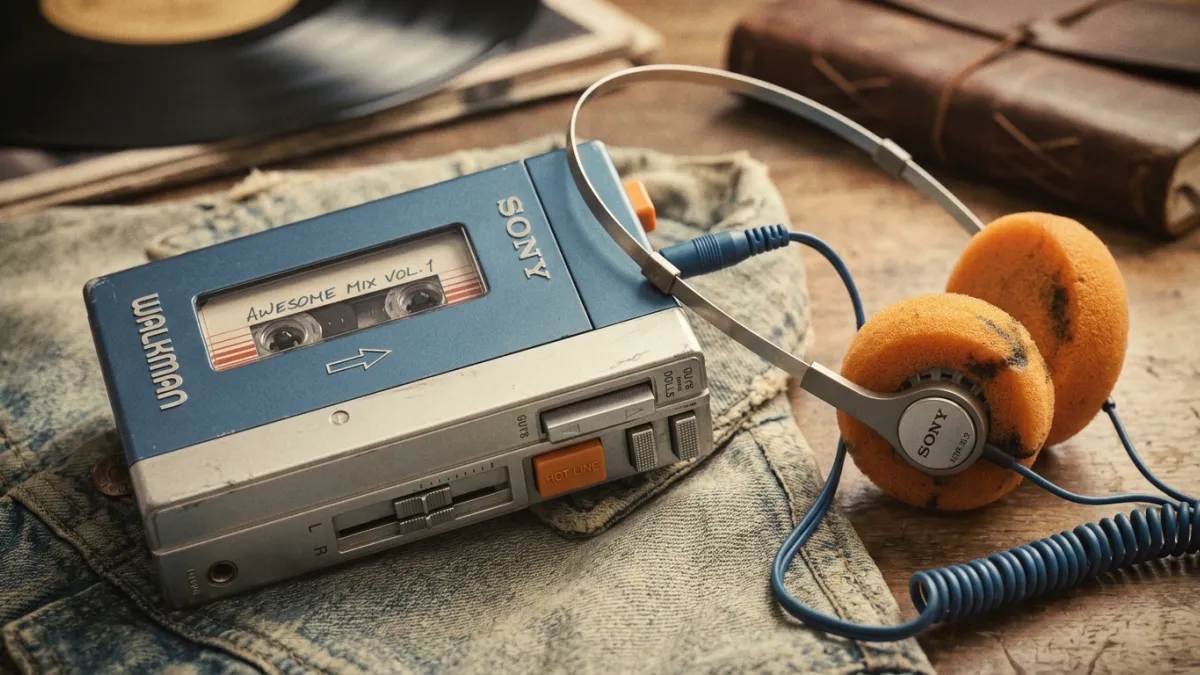 A close-up photo of the original 1979 blue and silver Sony Walkman TPS-L2 with its iconic orange-foa