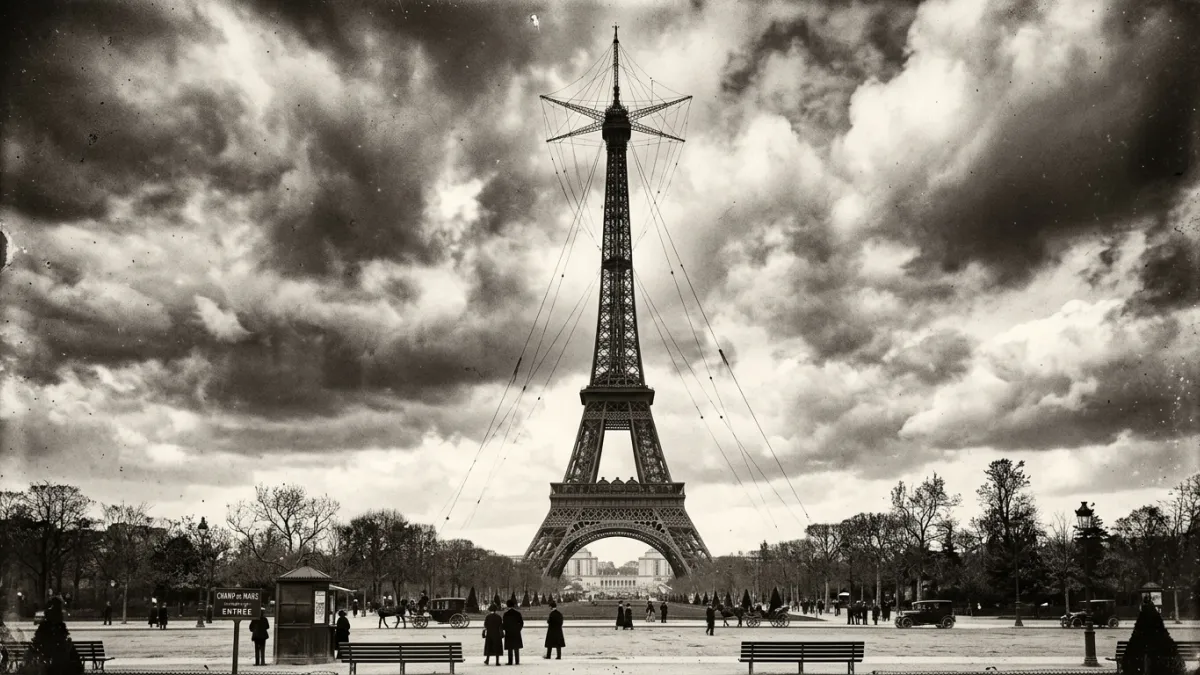 Une photographie ancienne en noir et blanc de la Tour Eiffel en 1921 avec des antennes radio visible