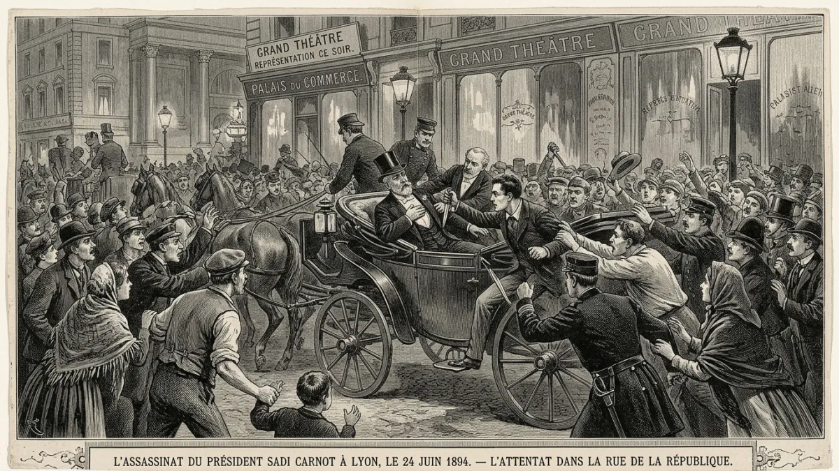 Une gravure historique en noir et blanc du XIXe siècle illustrant l'assassinat du président Sadi Car