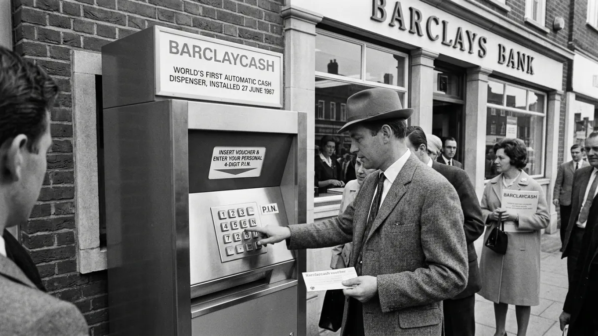 A vintage 1960s black and white photograph of the first automatic teller machine installed at a Barc
