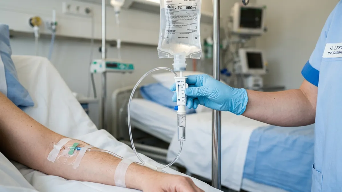 Gros plan pour un système de goutte à goutte médicale. Une personne est en train d'ouvrir un robinet