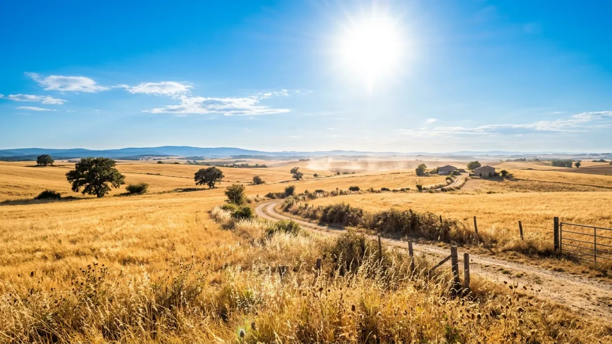A luminous landscape of dry golden fields under a blue summer sky, representing the intense heat. Th