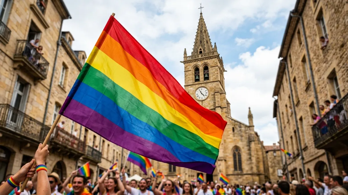 gros plan sur un drapeau gay pride; En arrière plan le clocher d'une église