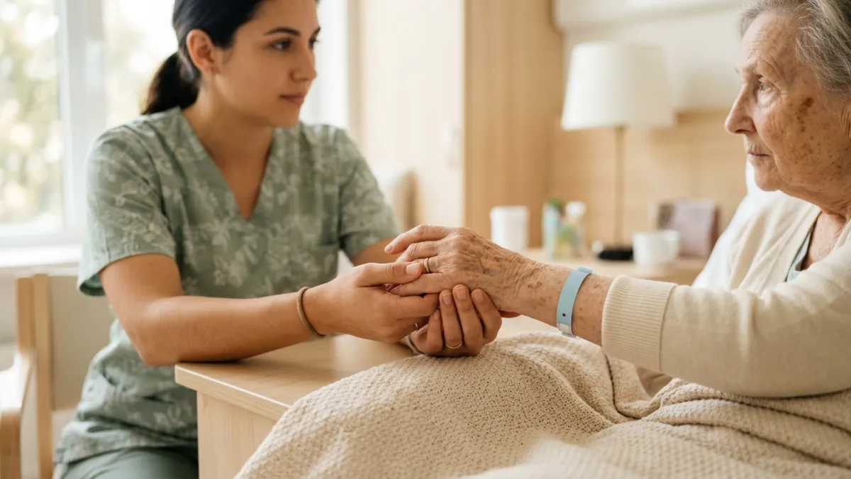 Une vue en gros plan de la main d'un soignant tenant avec douceur celle d'un patient âgé dans une ch