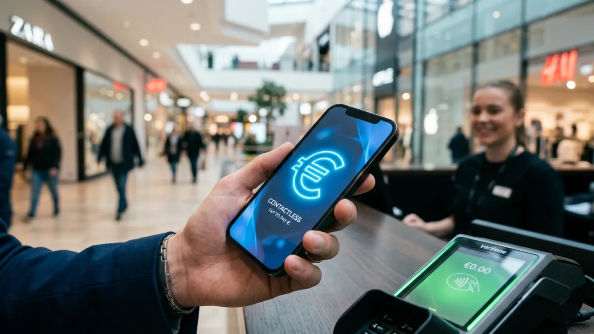 A close-up of a person's hand holding a sleek, minimalist smartphone displaying a glowing digital eu