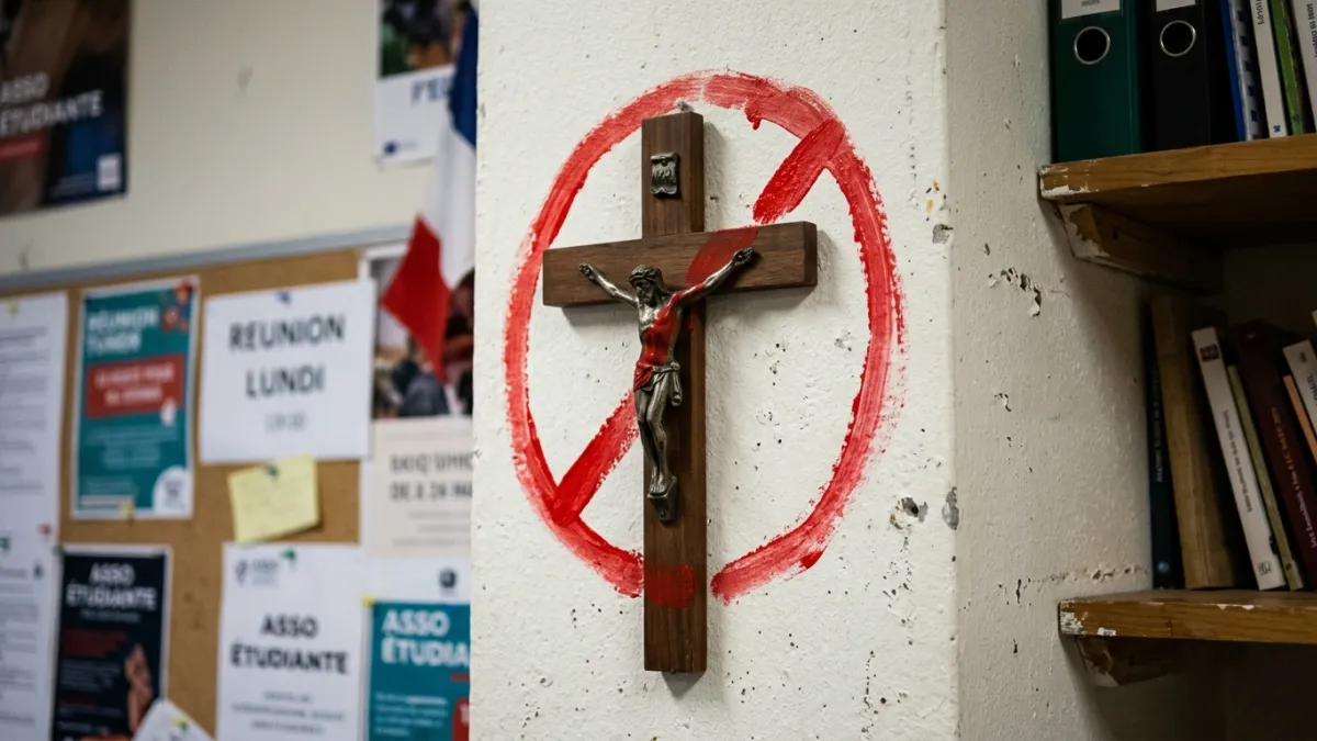 Sur le mur du bureau d'une association étudiante, un crucifix. Gros plan sur un crucifix. Et sur le 