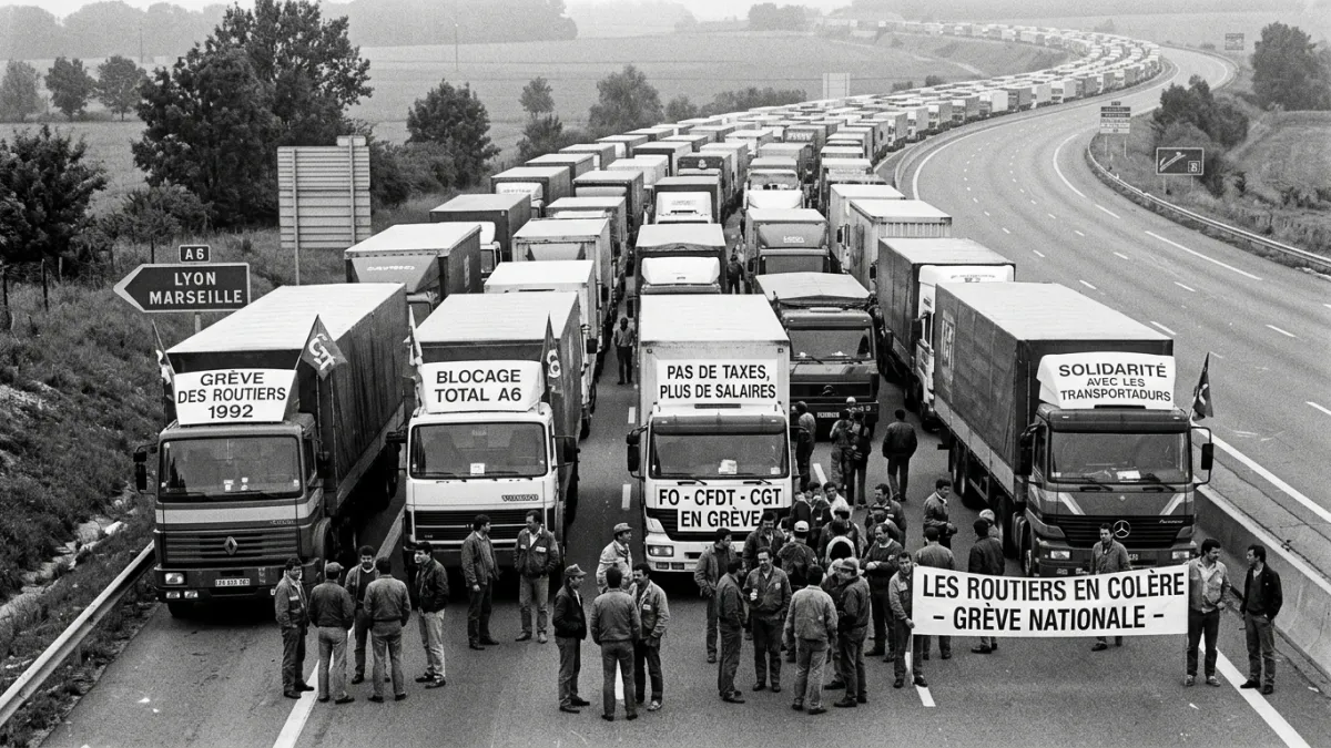 Une photographie d'archive montrant une file de camions poids lourds bloquant une autoroute français