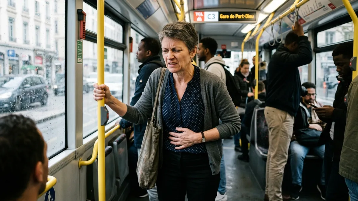 Une femme de cinquante ans, debout dans le bus. Elle porte la main à son estomac et elle fait une gr