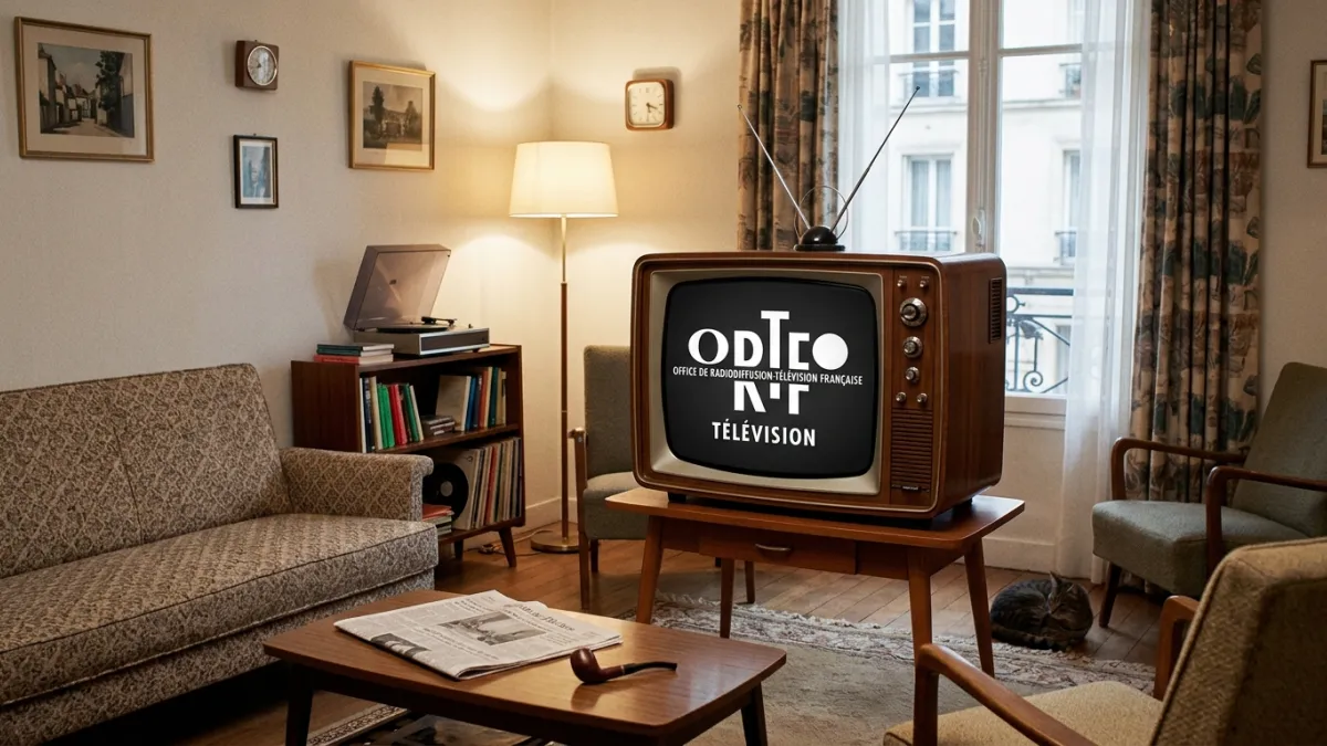 Une télévision vintage des années 1960 dans un salon français affichant le logo de l'ORTF sur son éc