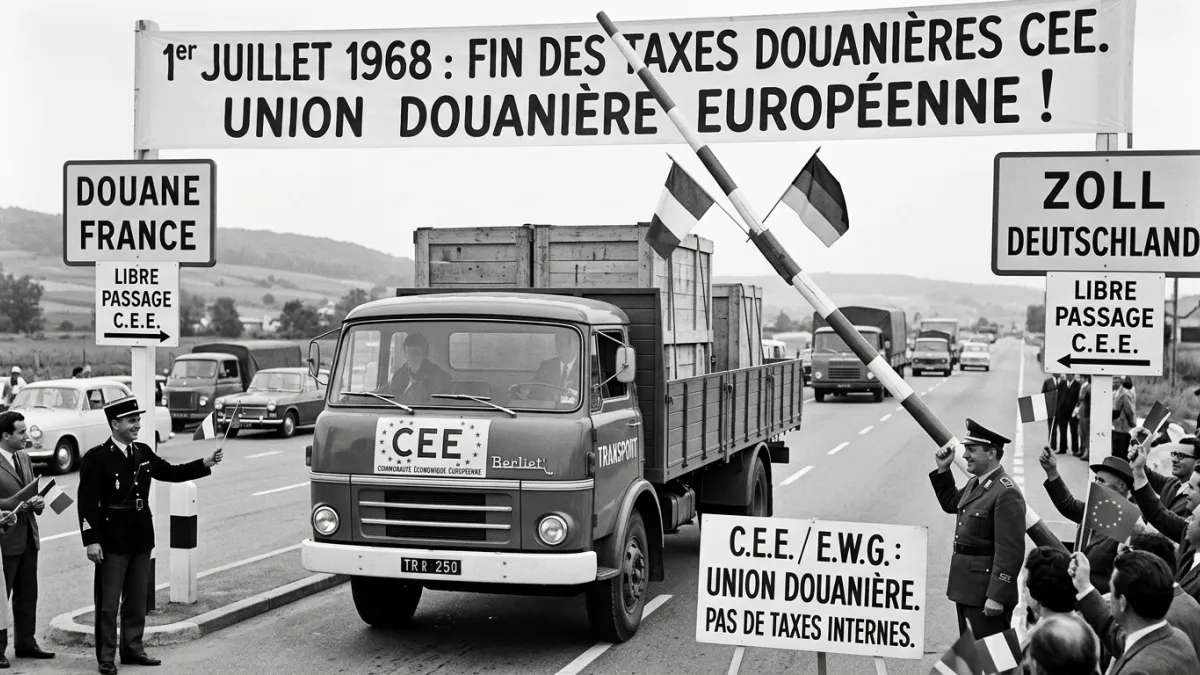 Une photographie de style historique montrant un camion de transport des années 1960 franchissant un