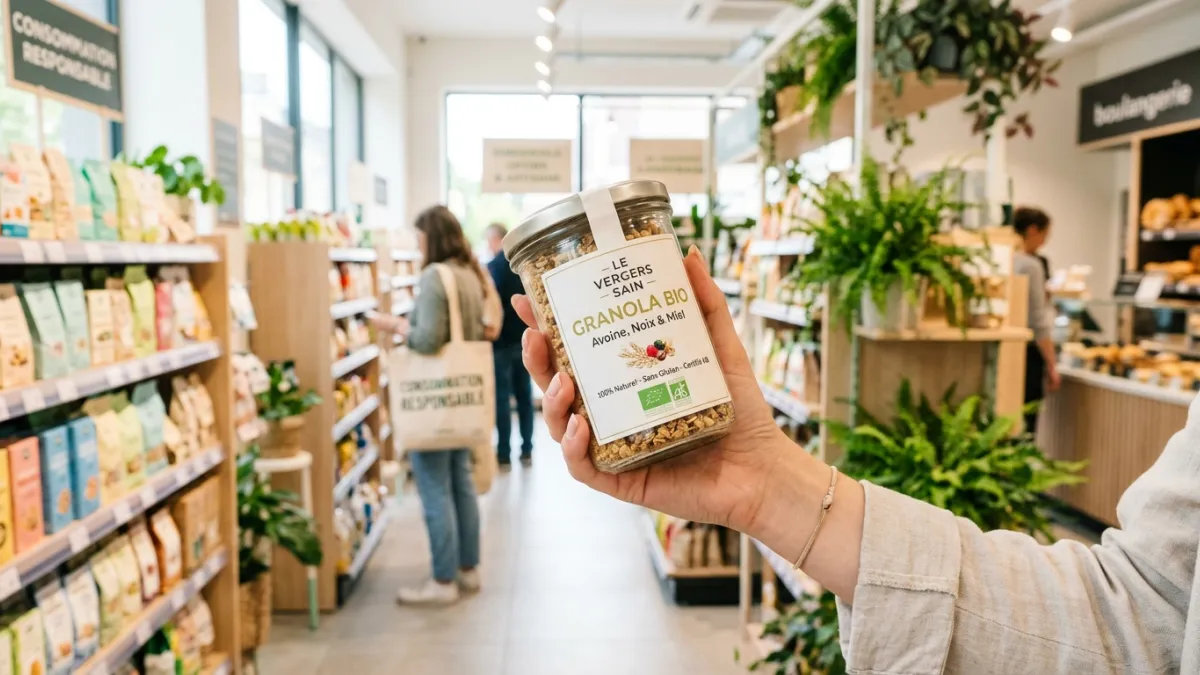 Une main délicate tenant une étiquette de produit alimentaire dans un environnement de supermarché m