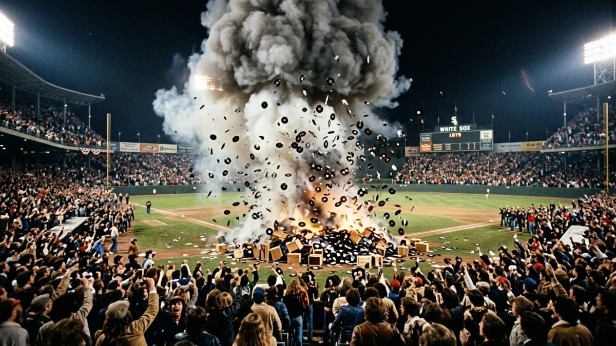 A vintage 1970s photograph of a massive explosion of vinyl records in the center of a crowded baseba