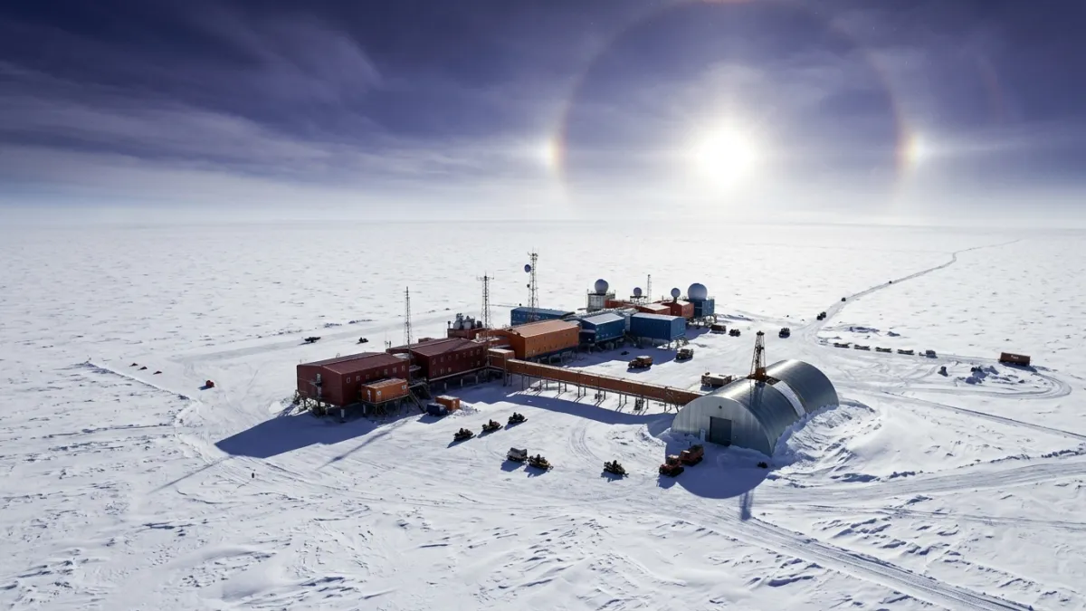 Une vue d'ensemble de la station de recherche Vostok en Antarctique, isolée au milieu d'un désert de