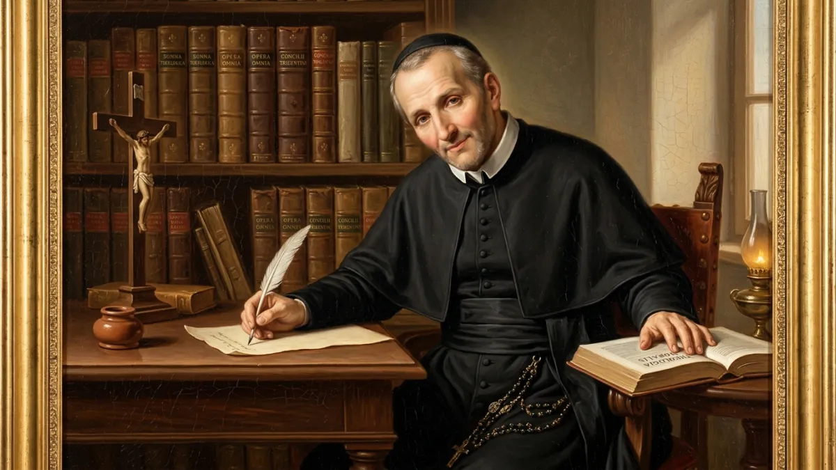 A realistic oil painting portrait of Saint Alphonsus Liguori in 18th-century clerical robes, sitting
