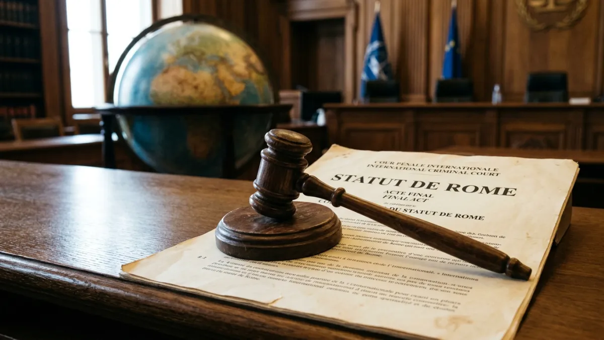Une photographie solennelle d'un marteau de justice en bois posé sur un document officiel intitulé S
