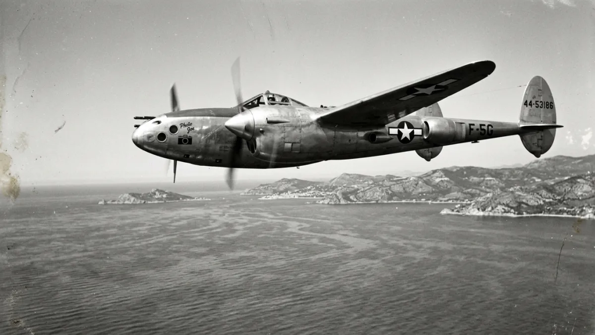 Une photographie d'époque en noir et blanc d'un avion de reconnaissance P-38 Lightning survolant la 
