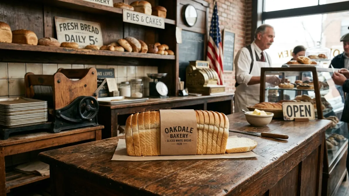 Une miche de pain de mie blanc parfaitement tranchée, posée sur un comptoir de boulangerie ancienne 