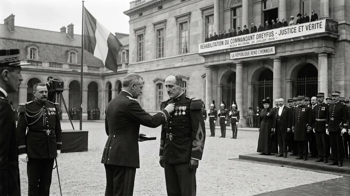 Une photographie historique solennelle en noir et blanc montrant le capitaine Alfred Dreyfus en unif
