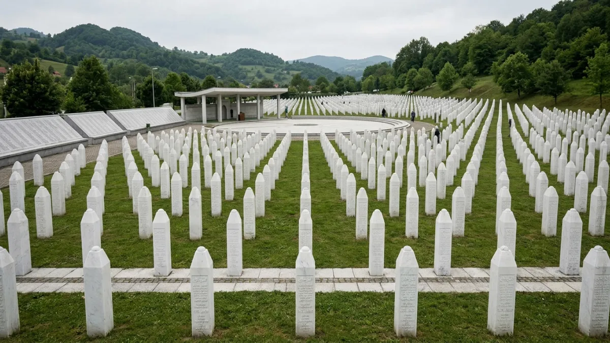 Une vue solennelle et sobre des rangées de stèles funéraires blanches au centre mémorial de Potočari