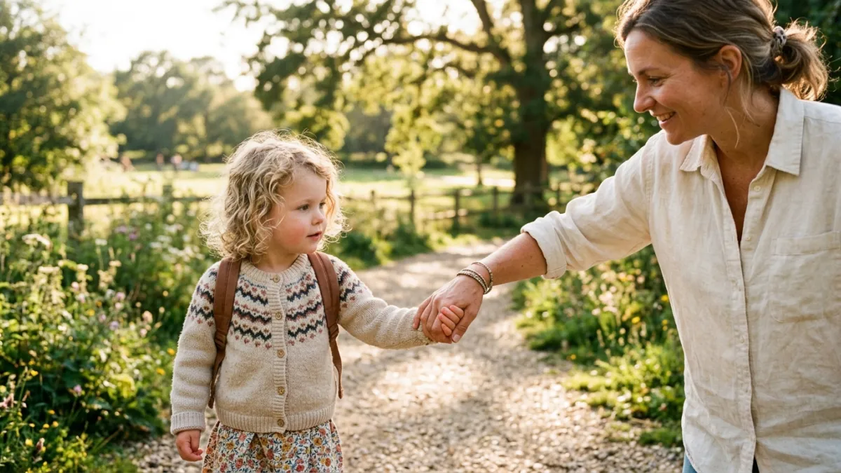 Une photographie lumineuse et chaleureuse montrant un parent serrant tendrement la main d'un jeune e