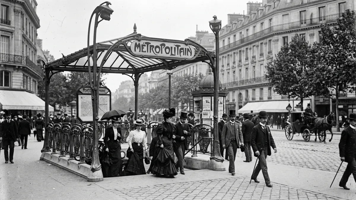 Une photographie d'époque en noir et blanc montrant une entrée du métro de Paris en 1900 avec son en