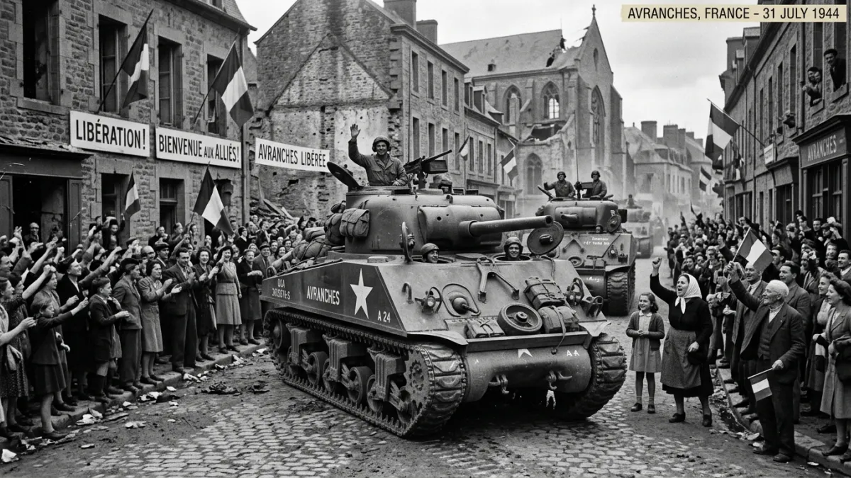 Une photographie historique en noir et blanc montrant des chars de l'armée américaine traversant les