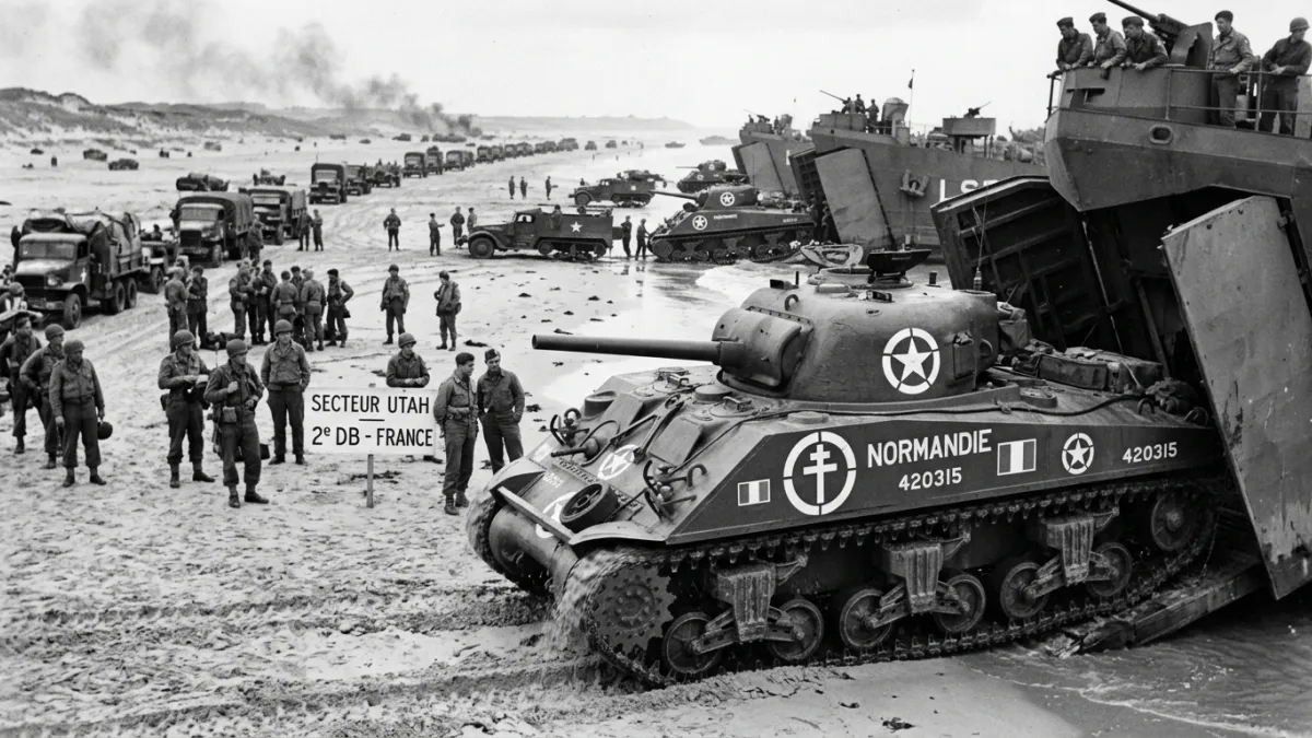 Photographie historique en noir et blanc d'un char Sherman marqué de la croix de Lorraine débarquant