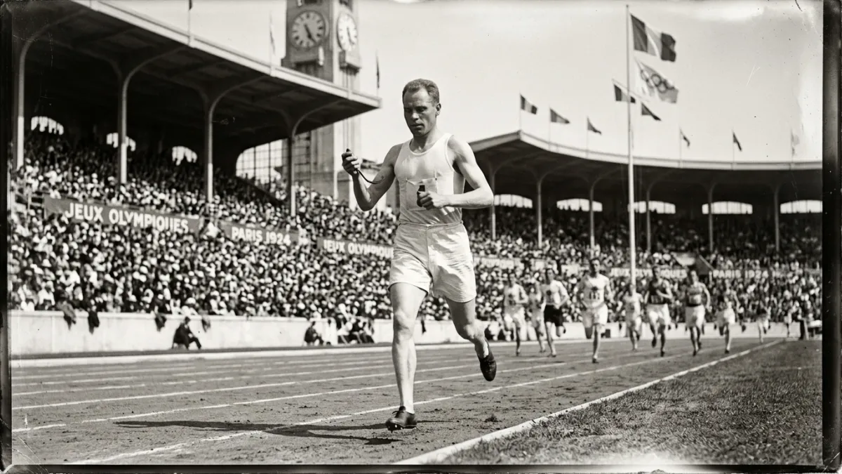 Photographie d'époque en noir et blanc de Paavo Nurmi en train de courir sur une piste d'athlétisme 