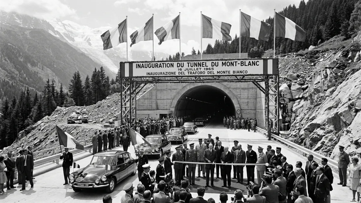 Photographie d'époque en noir et blanc de l'entrée du tunnel du Mont-Blanc lors de son inauguration 