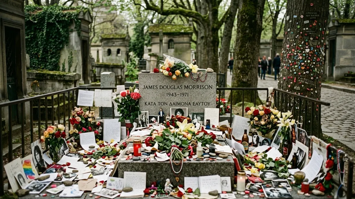 Une photographie de la tombe de Jim Morrison au cimetière du Père-Lachaise à Paris, jonchée de fleur