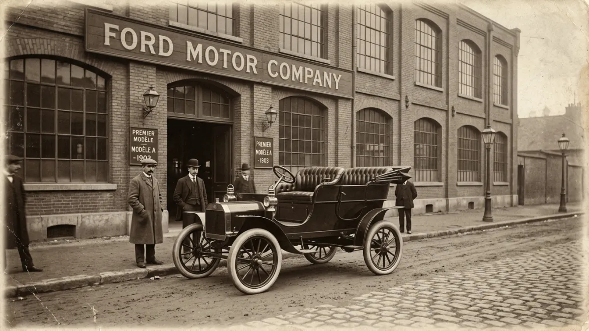 Une photographie ancienne en noir et blanc de la toute première Ford Modèle A de 1903 stationnée dev