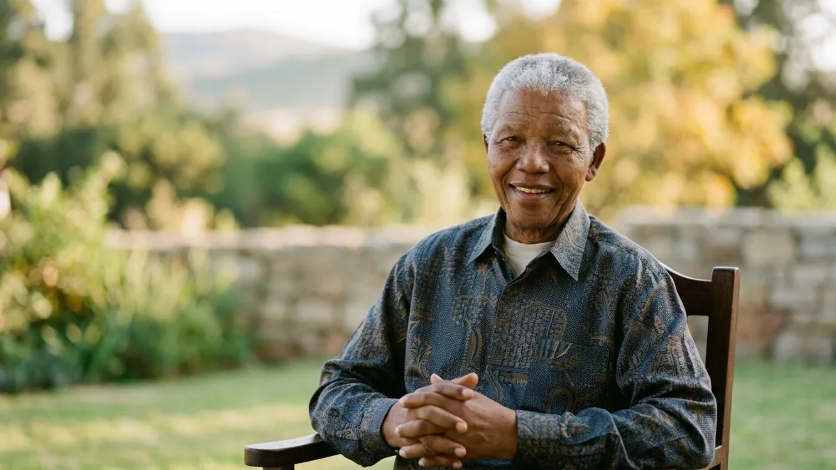 Un portrait photographique de Nelson Mandela souriant et serein, symbolisant la paix et la sagesse.