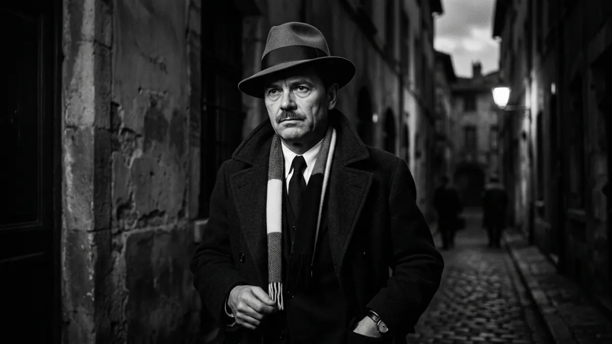 Portrait historique en noir et blanc de Jean Moulin portant son célèbre chapeau de feutre et son éch