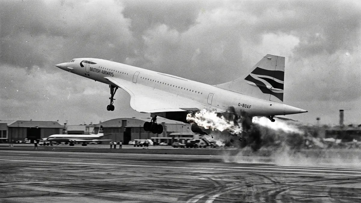 Photographie d'un avion Concorde au décollage sur une piste d'aéroport, avec des flammes s'échappant