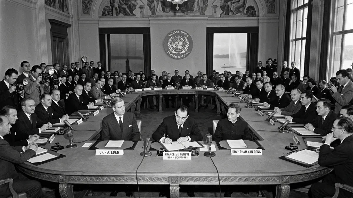 Une photographie historique en noir et blanc montrant les diplomates et Pierre Mendès France réunis 