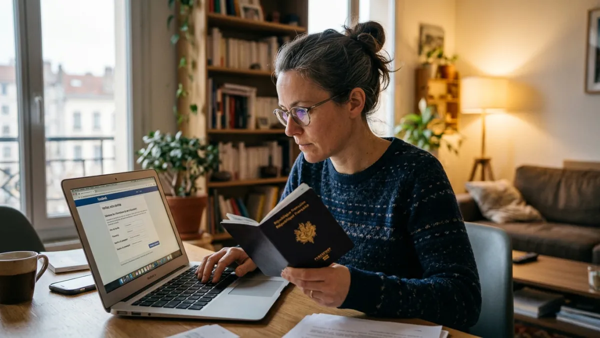 Une femme de 40 ans en train de recopier les informations de son passeport sur son ordinateur pour p