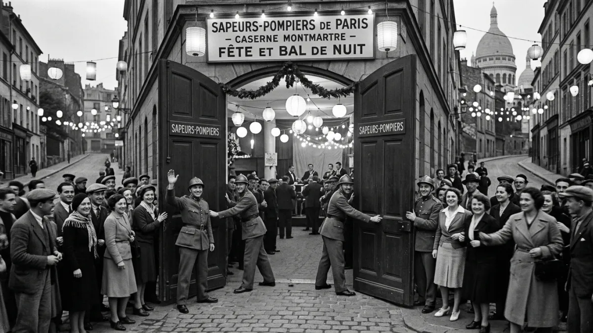 Une photographie vintage en noir et blanc de 1937 montrant des pompiers parisiens en uniforme d'époq